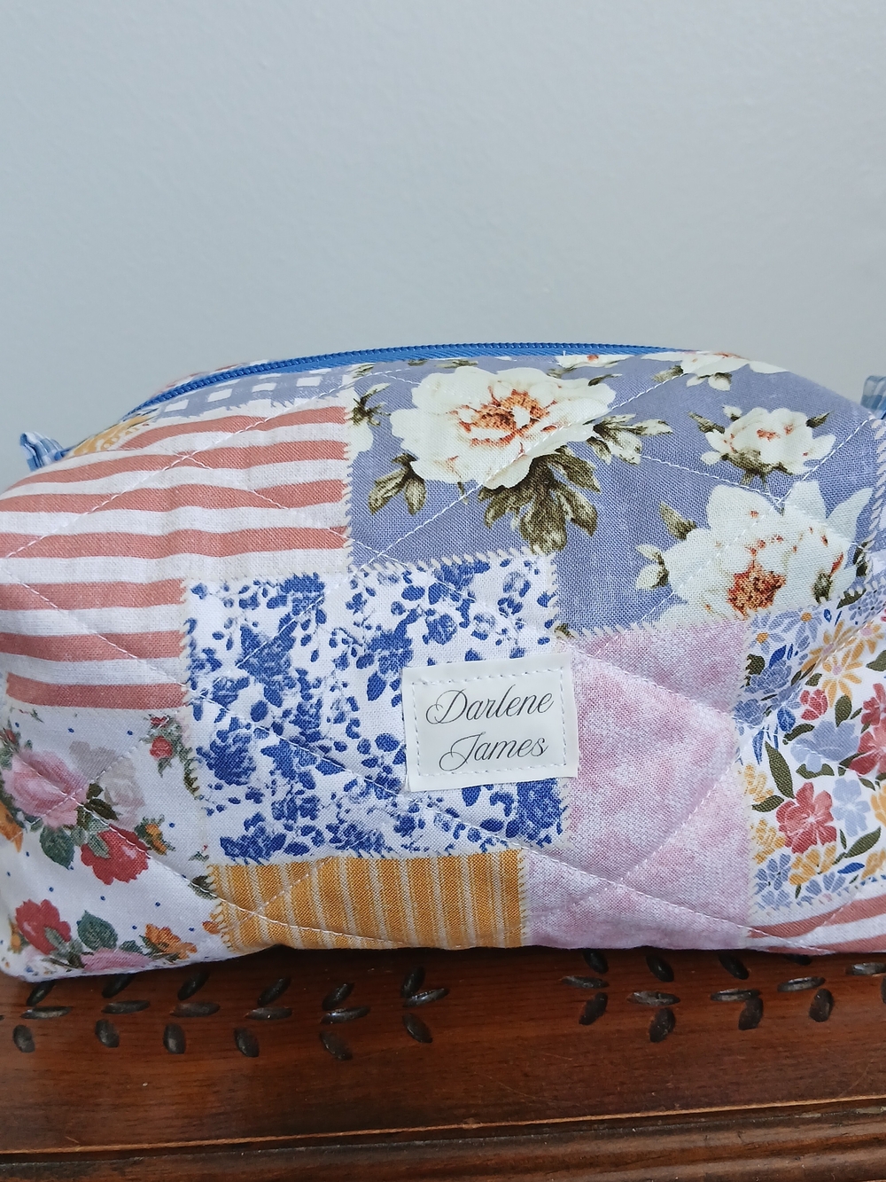 Quilted Floral Patchwork Cosmetic Bag in Blue & Pink